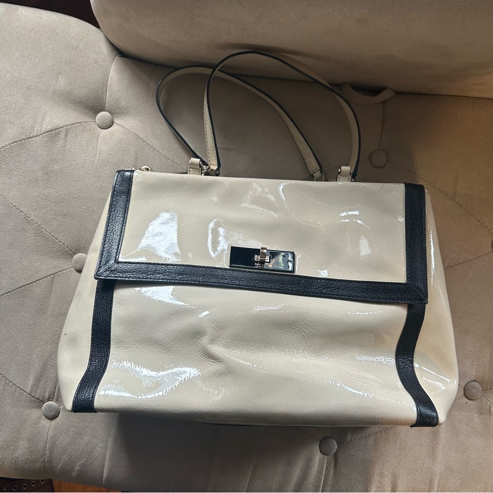 Kate Spade Cream Black Patent Leather Color block Satchel Tote Purse Handbag